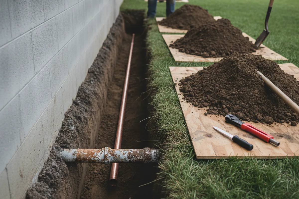 Excavated water line trench during Water Heater Repair in Fairmont